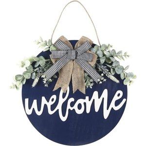 Welcome Sign for Front Door Round Wood Sign Hanging  (Blue)